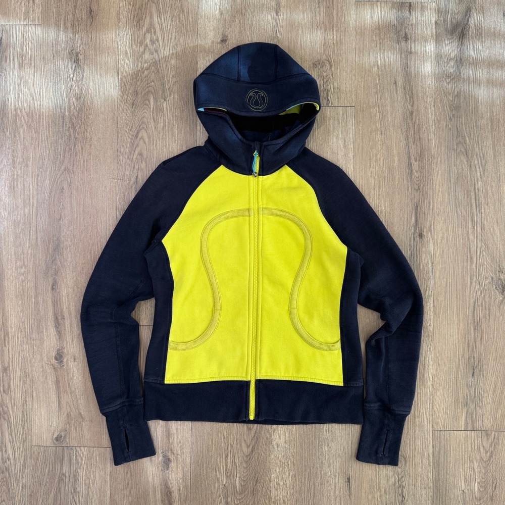 Lululemon Y2K Scuba Full Zip Hoodie Navy Neon Yellow Colorblock Size 8 Y2K